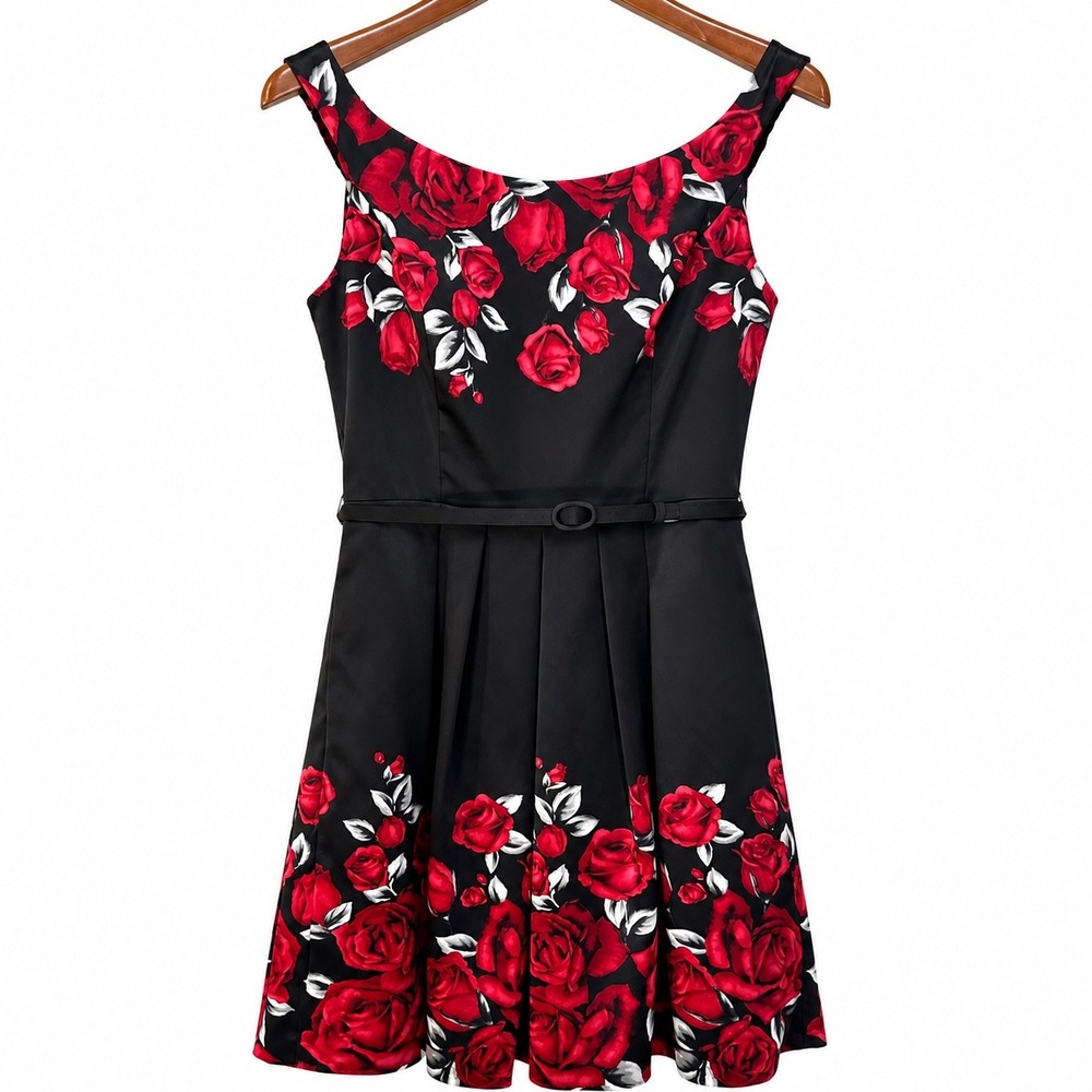 White House Black Market Red Rose Floral Fit & Flare Belted Cocktail Dress 8